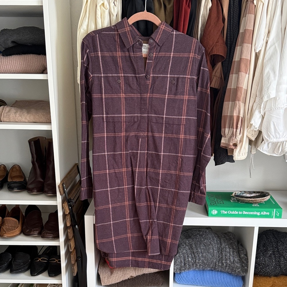 REI Mauve Plaid Button-Front Shirtdress